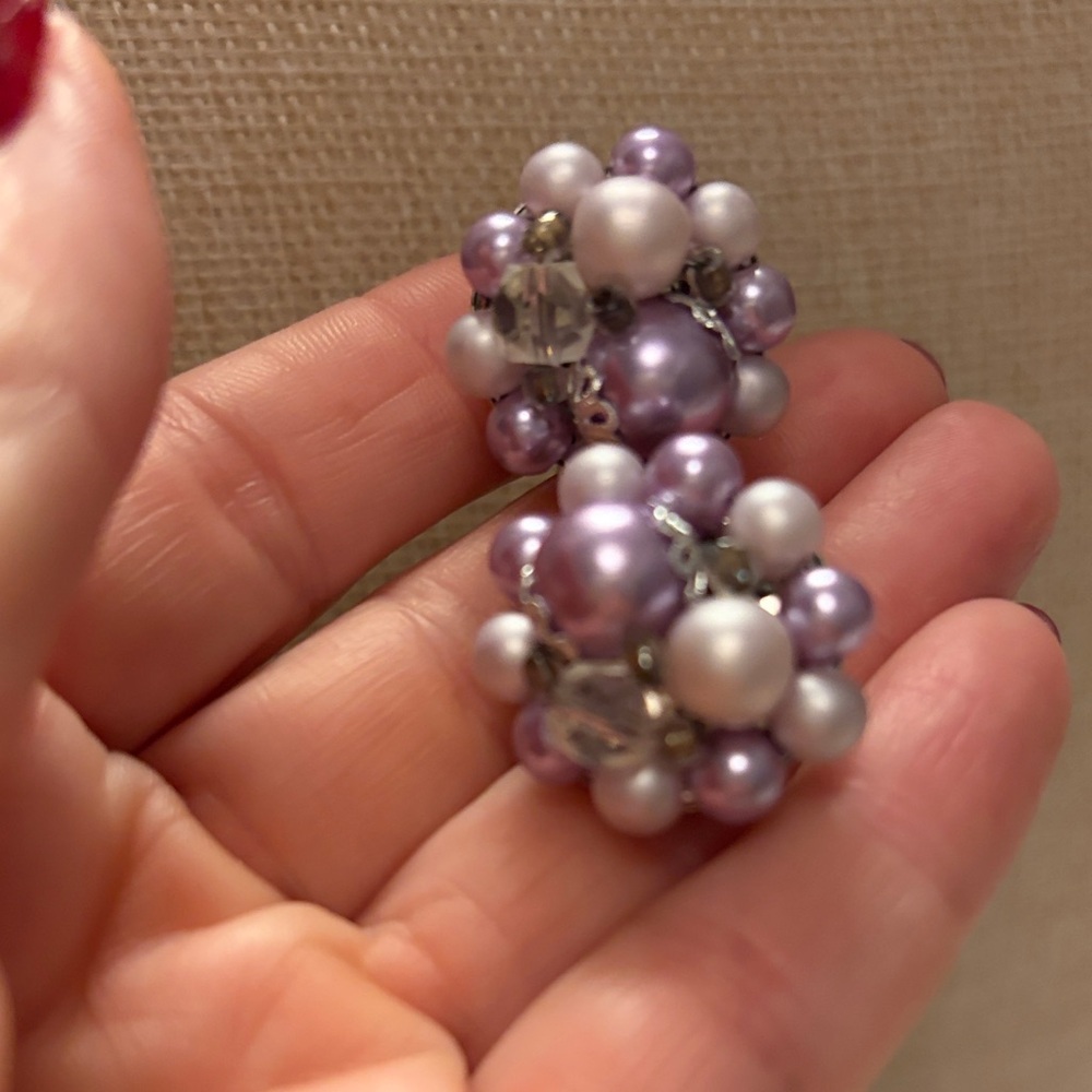 Vintage Purple and White Beaded Clip-On Earrings